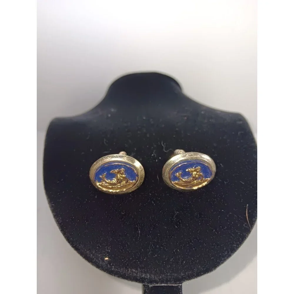 Vintage Rare Mid-Century Blue Gold Mermaid Cufflinks